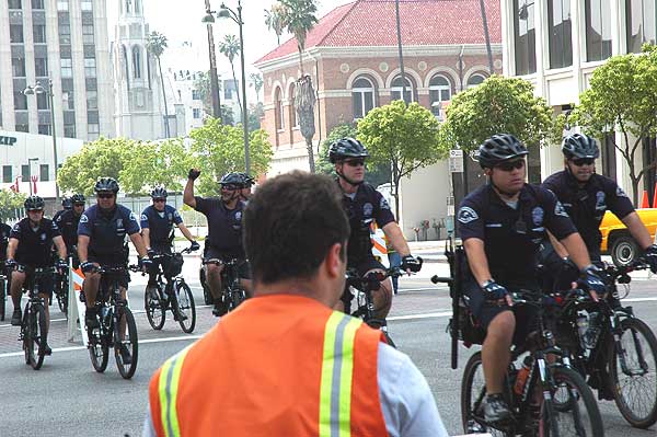 May Day, Wilshire Boulevard, Los Angeles, the bike police at 'A Day Without Immigrants' to demonstrate the importance of immigrants to the US economy