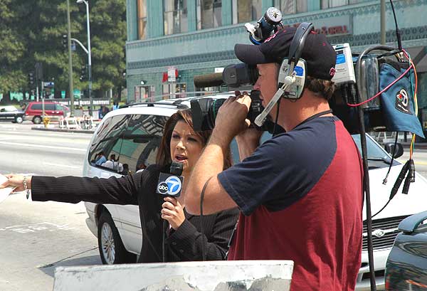 May Day, Wilshire Boulevard, Los Angeles, the press covering 'A Day Without Immigrants' to demonstrate the importance of immigrants to the US economy