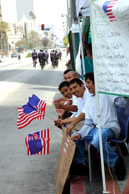 May Day, Wilshire Boulevard, Los Angeles, young men celebrating 'A Day Without Immigrants' to demonstrate the importance of immigrants to the US economy