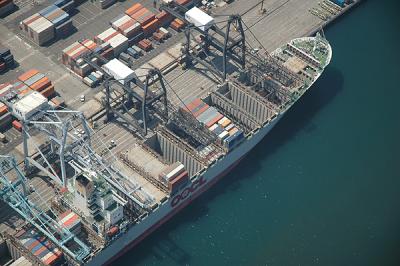 A geometrically interesting view of a container ship -