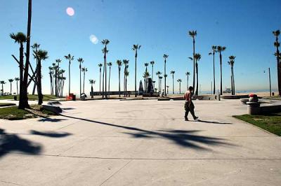 The plaza for the rollerblade dancers and skateboard kids, before the action -