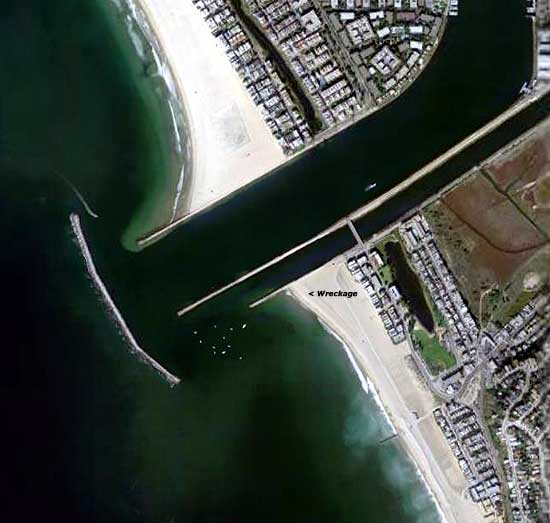 Location of wreckage on the beach in Playa del Rey, at the breakwater, at the mole leading into the harbor at Marina del Rey