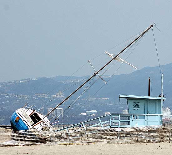 Wreckage on the beach in Playa del Rey, at the breakwater, at the mole leading into the harbor at Marina del Rey