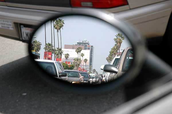 Sunset Boulevard as seen in the mirror of the Mini Cooper
