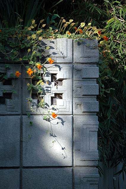 At the edge of the driveway, the Storer House, Frank Lloyd Wright, 1923 - 8161 Hollywood Boulevard, Los Angeles