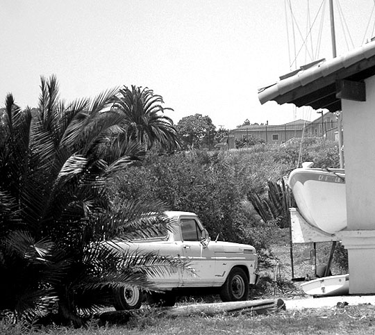 Old sailboat and old truck, Cabrillo Beach in San Pedro, California