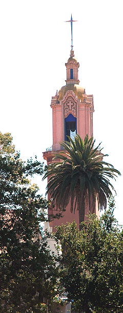 As seen from the rear, the steeple at The Church of the Blessed Sacrament(6657 Sunset Boulevard - Beezer Brothers, architects, 1928)