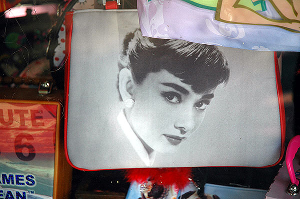 Audrey Hepburn purse for sale in a window next to the Hollywood Wax Museum, Hollywood Boulevard
