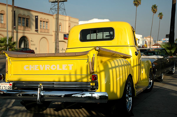 Customized 1953 3100-series Chevy pickup for sale on Sunset Boulevard