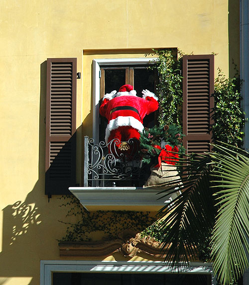 Peeping Tom Santa, part of the Christmas display at Bijan on Rodeo Drive, Beverly Hills