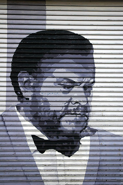 Orson Welles image on roll-up door, Hollywood Boulevard