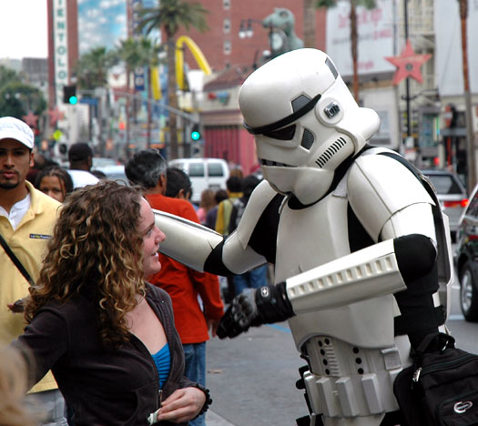 Imperial Storm Trooper on Hollywood Boulevard hitting on pretty girl