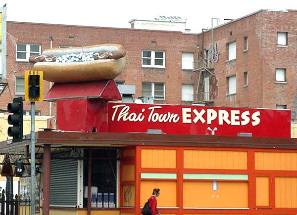 Thai restaurant with giant hot dog, Hollywood Boulevard at Western Avenue, Los Angeles