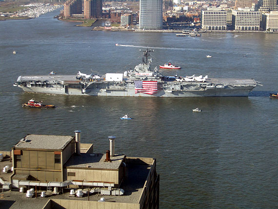 The USS Intrepid being towed to Bayonne, New Jersey, for renovations